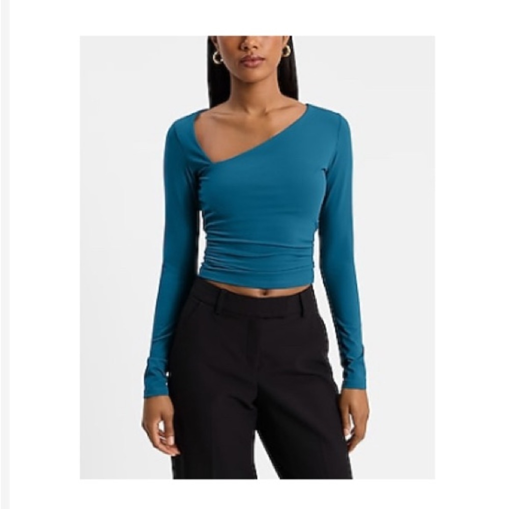 Express Blue Asymmetrical Ruched Bodysuit